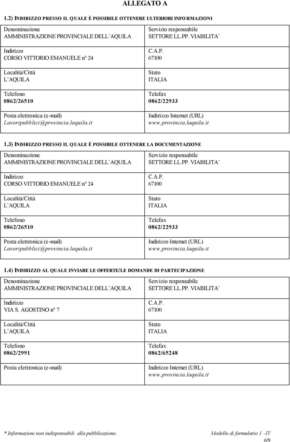 0862/26510 Lavoripubblici@provincia.laquila.it 0862/22933 1.