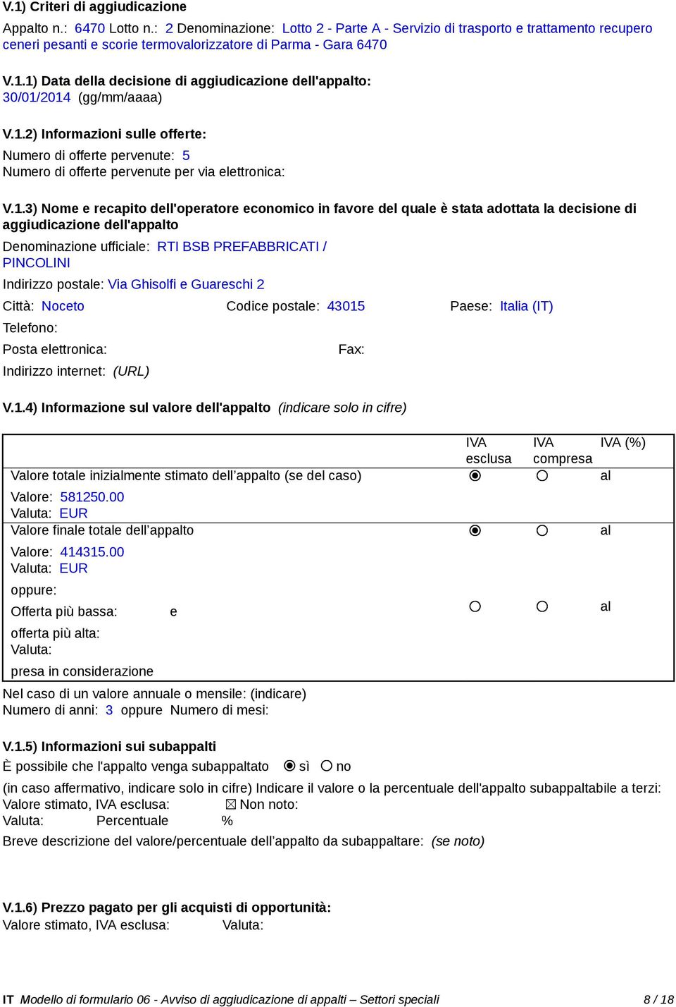 1) Data della decisione di aggiudicazione dell'appto: 30/01/2014 (gg/mm/aaaa) V.1.2) Informazioni sulle offerte: Numero di offerte pervenute: 5 Numero di offerte pervenute per via elettronica: V.1.3)