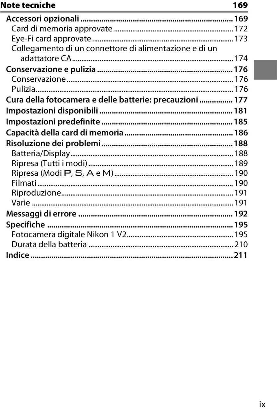 .. 181 Impostazioni predefinite... 185 Capacità della card di memoria... 186 Risoluzione dei problemi... 188 Batteria/Display... 188 Ripresa (Tutti i modi).