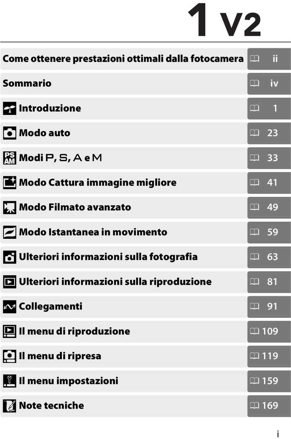 0 59 t Ulteriori informazioni sulla fotografia 0 63 I Ulteriori informazioni sulla riproduzione 0 81 Q Collegamenti