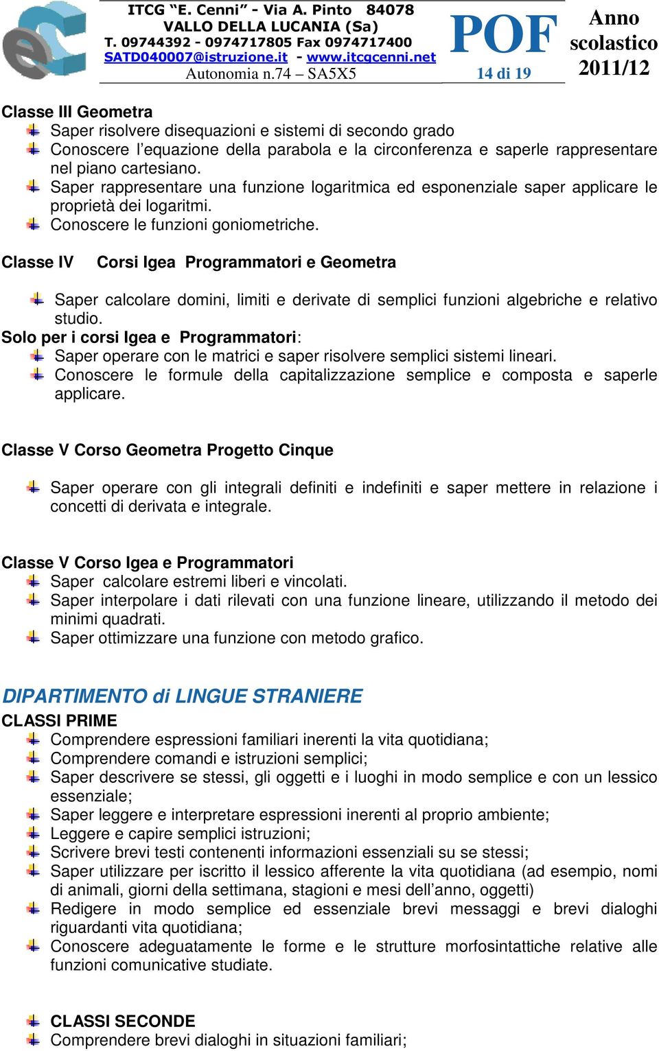 Classe IV Corsi Igea Programmatori e Geometra Saper calcolare domini, limiti e derivate di semplici funzioni algebriche e relativo studio.