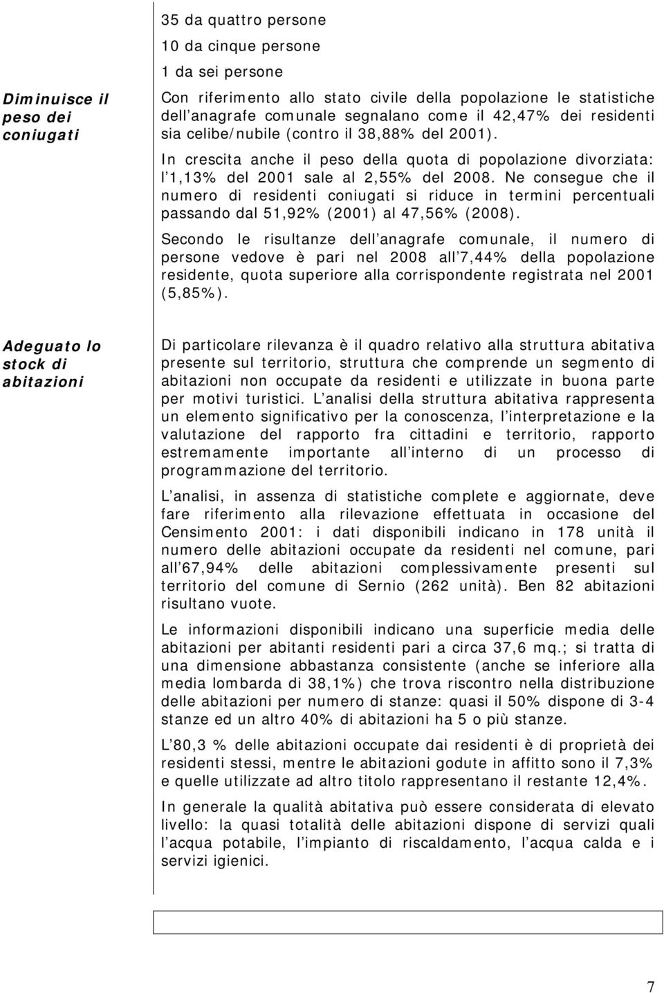 Ne consegue che il numero di residenti coniugati si riduce in termini percentuali passando dal 51,92% (2001) al 47,56% (2008).