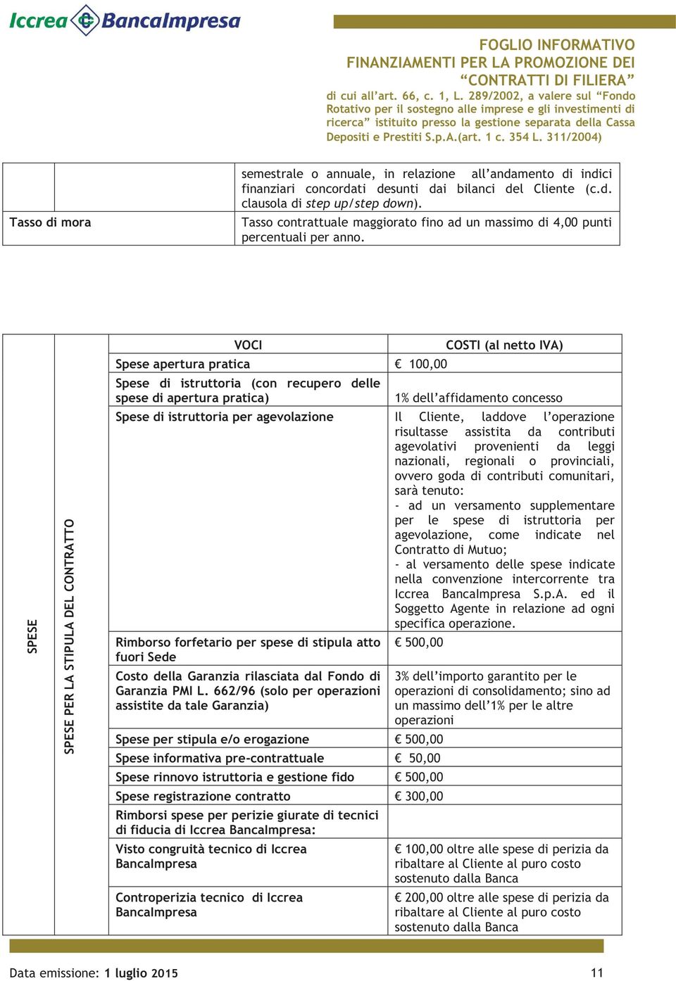 SPESE SPESE PER LA STIPULA DEL CONTRATTO VOCI COSTI (al netto IVA) Spese apertura pratica 100,00 Spese di istruttoria (con recupero delle spese di apertura pratica) 1% dell affidamento concesso Spese