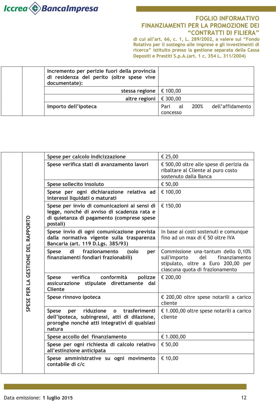 sostenuto dalla Banca Spese sollecito insoluto 50,00 Spese per ogni dichiarazione relativa ad 100,00 interessi liquidati o maturati Spese per invio di comunicazioni ai sensi di 150,00 legge, nonché