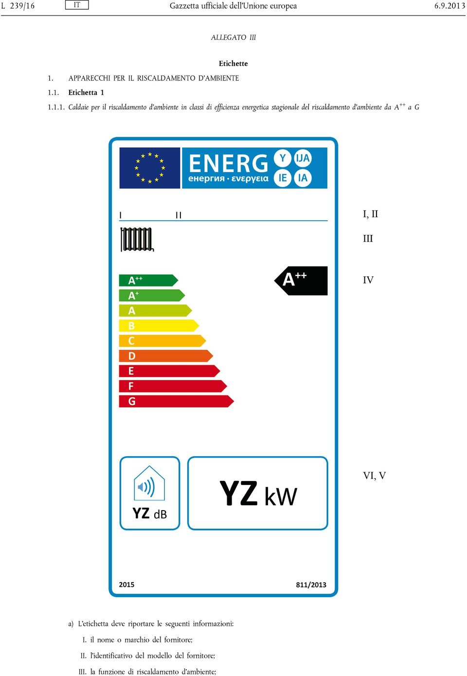 1. Etichetta 1 1.1.1. Caldaie per il riscaldamento d ambiente in classi di efficienza energetica stagionale del