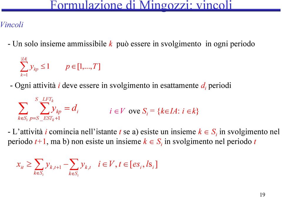 .., T ] - Ogn attvtà deve sere n svolgmento n attamente d perod V ove S = {k IA: k} - L attvtà comnca