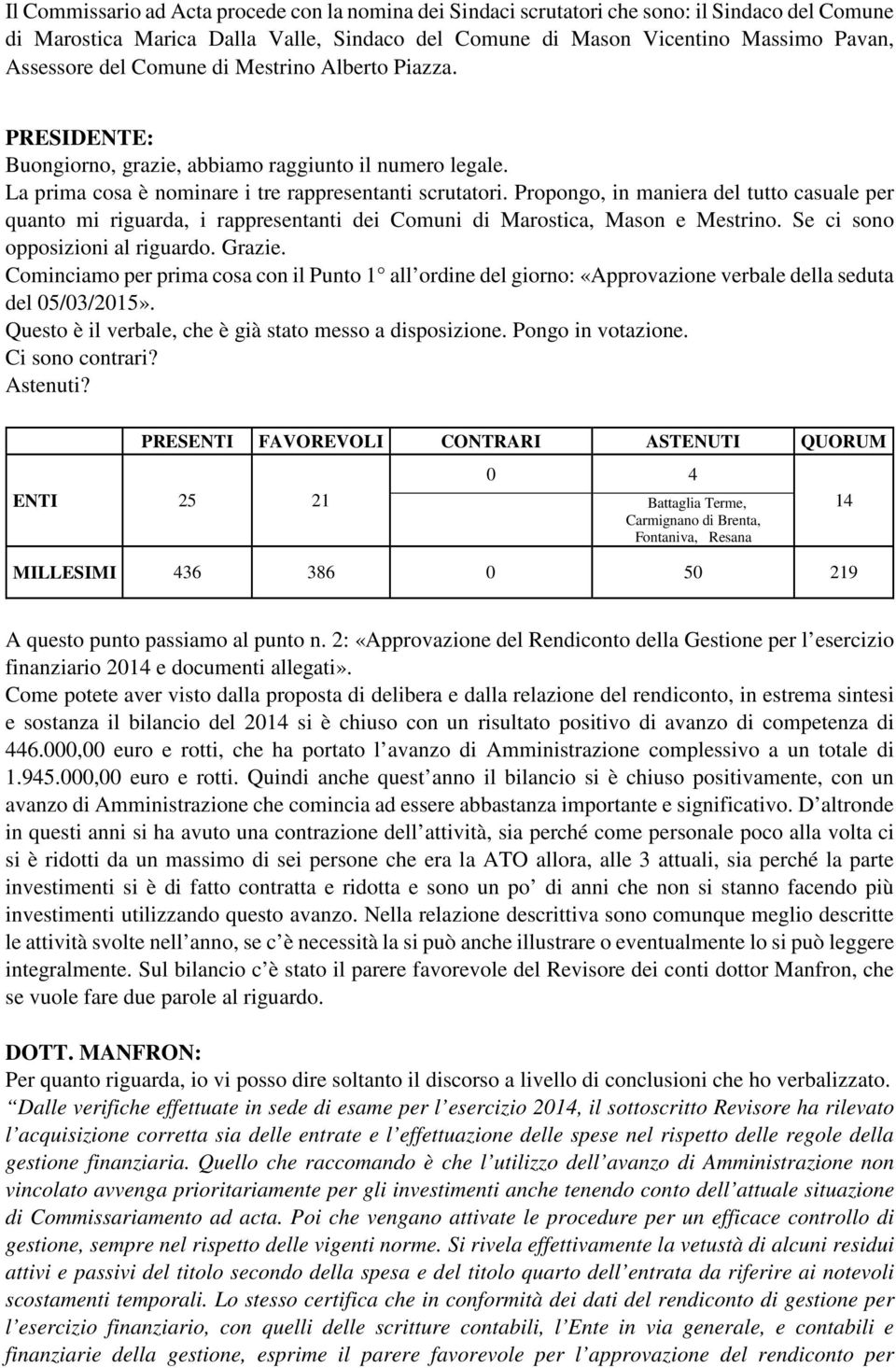 Propongo, in maniera del tutto casuale per quanto mi riguarda, i rappresentanti dei Comuni di Marostica, Mason e Mestrino. Se ci sono opposizioni al riguardo. Grazie.