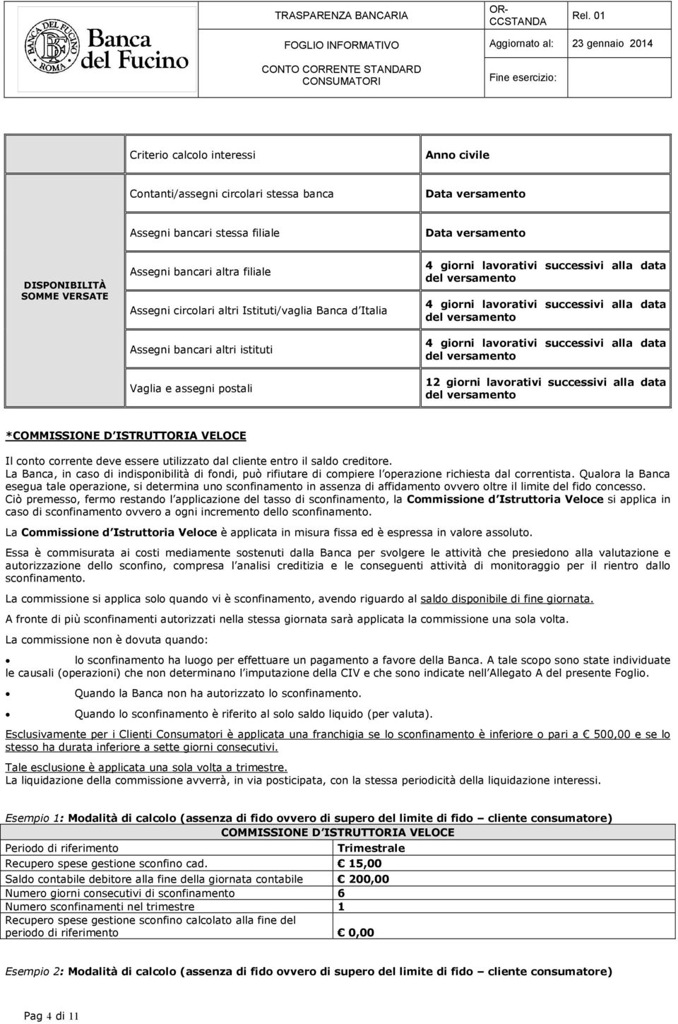 4 giorni lavorativi successivi alla data del versamento 12 giorni lavorativi successivi alla data del versamento *COMMISSIONE D ISTRUTTORIA VELOCE Il conto corrente deve essere utilizzato dal cliente