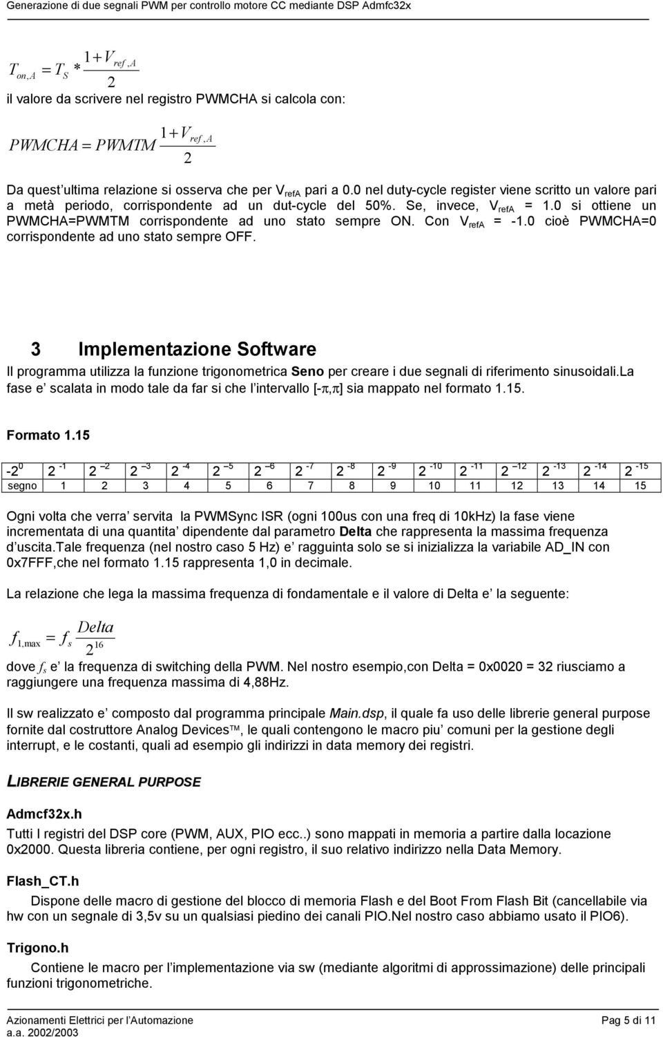 0 si ottiene un PWMCHA=PWMTM corrispondente ad uno stato sempre ON. Con V refa = -1.0 cioè PWMCHA=0 corrispondente ad uno stato sempre OFF.