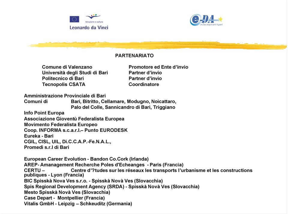 Europeo Coop. INFORMA s.c.a.r.l. Punto EURODESK Eureka - Bari CGIL, CISL, UIL, Di.C.C.A.P.-Fe.N.A.L., Promedi s.r.l di Bari European Career Evolution - Bandon Co.