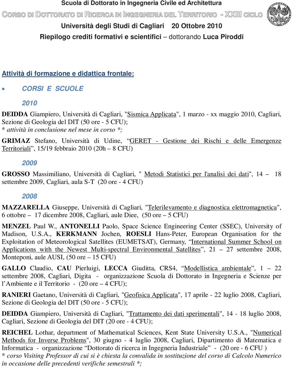 Massimiliano, Università di Cagliari, " Metodi Statistici per l'analisi dei dati", 14 18 settembre 2009, Cagliari, aula S-T (20 ore - 4 CFU) 2008 MAZZARELLA Giuseppe, Università di Cagliari,