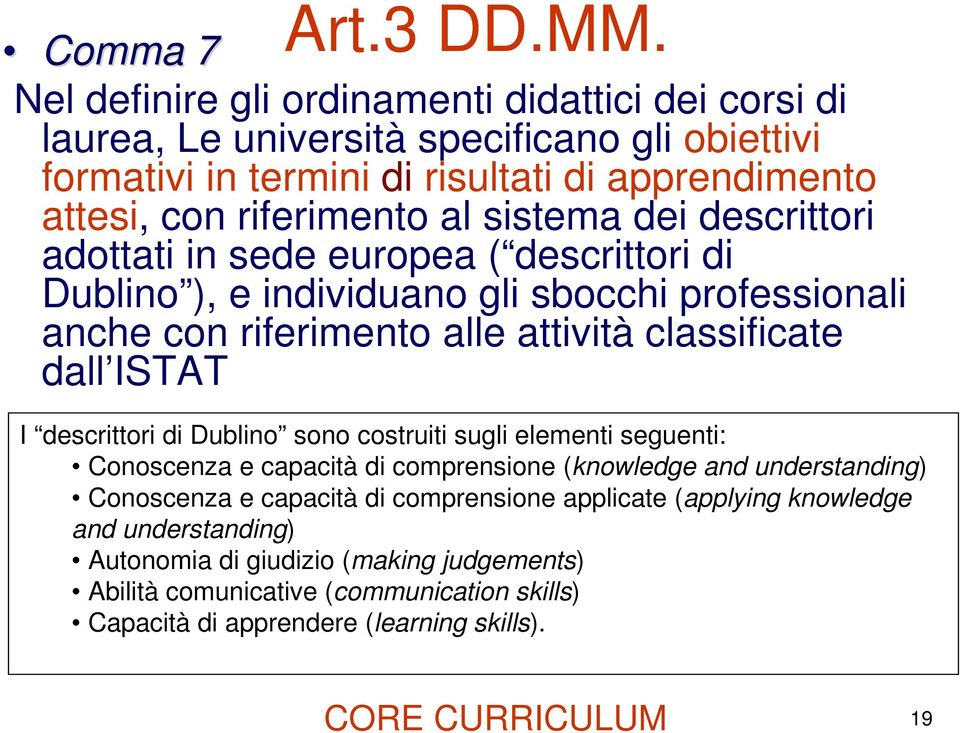 sistema dei descrittori adottati in sede europea ( descrittori di Dublino ), e individuano gli sbocchi professionali anche con riferimento alle attività classificate dall ISTAT I