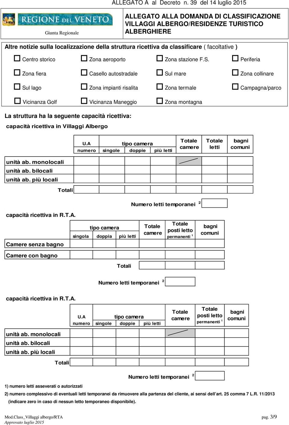 seguente capacità ricettiva: capacità ricettiva in Villaggi Albergo U.A tipo camera numero singole doppie più letti camere letti bagni comuni unità ab. monolocali unità ab. bilocali unità ab.