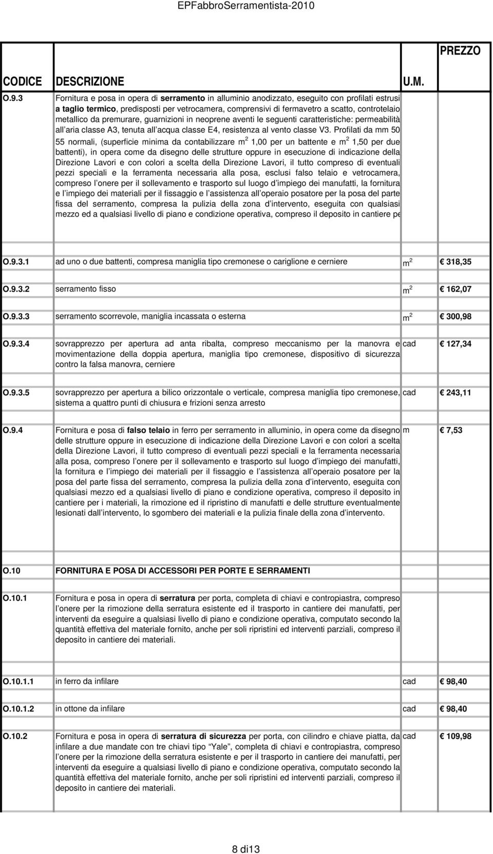 Profilati da mm 50-55 normali, (superficie minima da contabilizzare m 2 1,00 per un battente e m 2 1,50 per due battenti), in opera come da disegno delle strutture oppure in esecuzione di indicazione