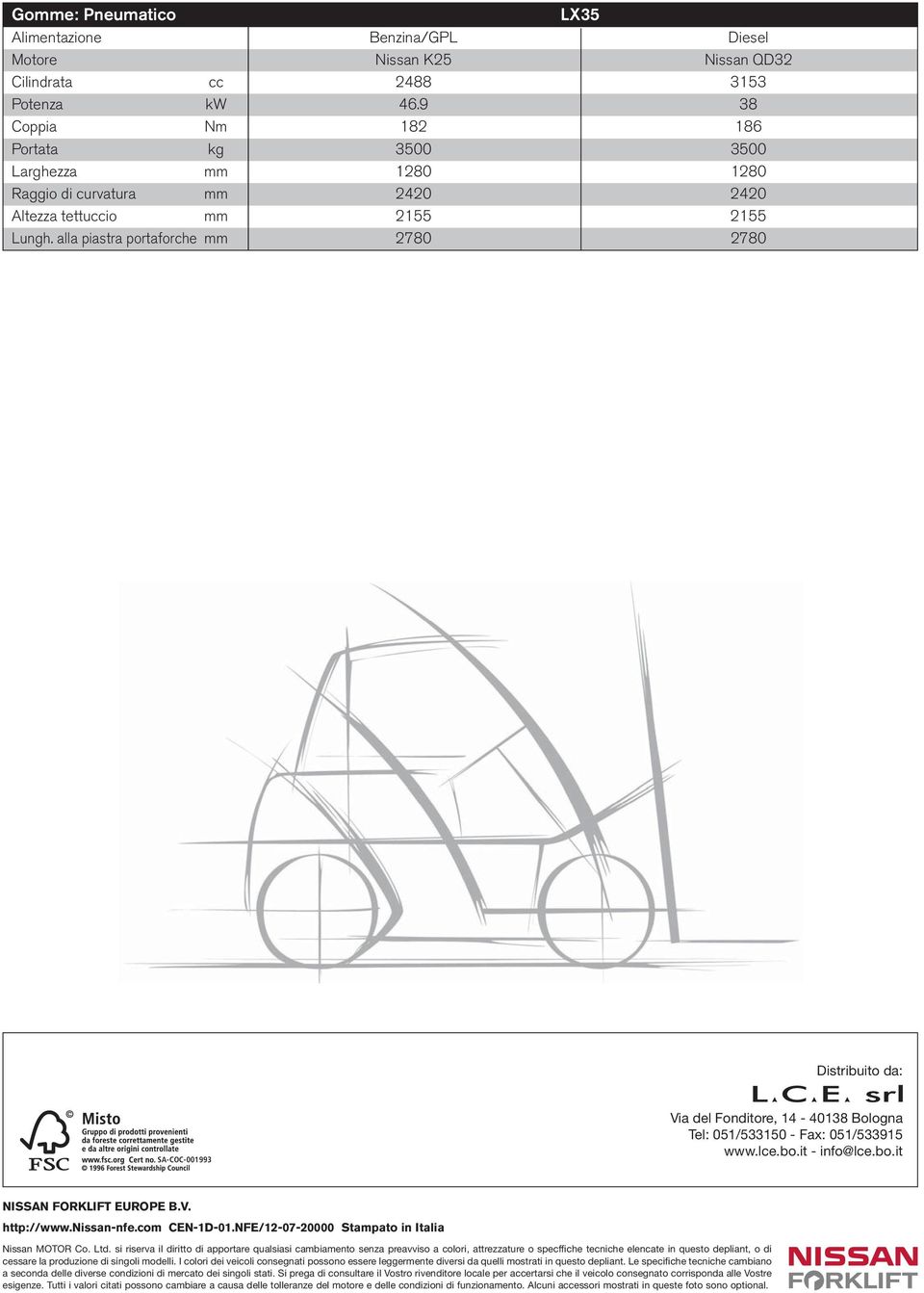alla piastra portaforche mm 2780 2780 Distribuito da: SA-COC-001993 Via del Fonditore, 14-40138 Bologna Tel: 051/533150 - Fax: 051/533915 www.lce.bo.it - info@lce.bo.it NISSAN FORKLIFT EUROPE B.V. http://www.