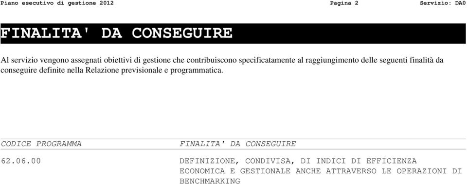 conseguire definite nella Relazione previsionale e programmatica. CODICE PROGRAMMA FINALITA' DA CONSEGUIRE 62.