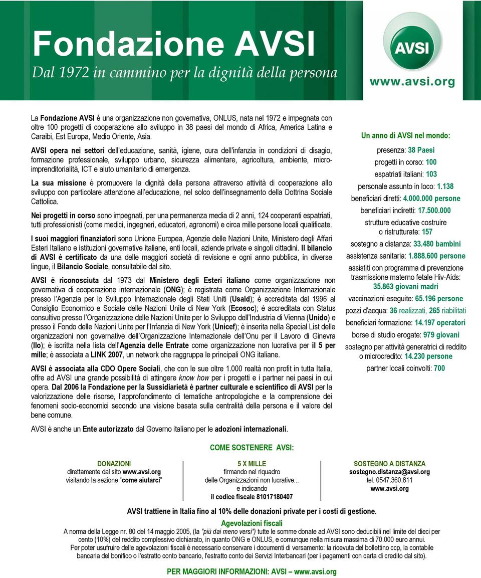 AVSI opera nei settori dell educazione, sanità, igiene, cura dell'infanzia in condizioni di disagio, formazione professionale, sviluppo urbano, sicurezza alimentare, agricoltura, ambiente,