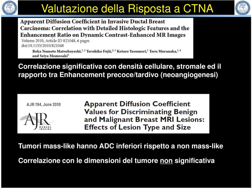 precoce/tardivo (neoangiogenesi) Tumori mass-like hanno ADC inferiori