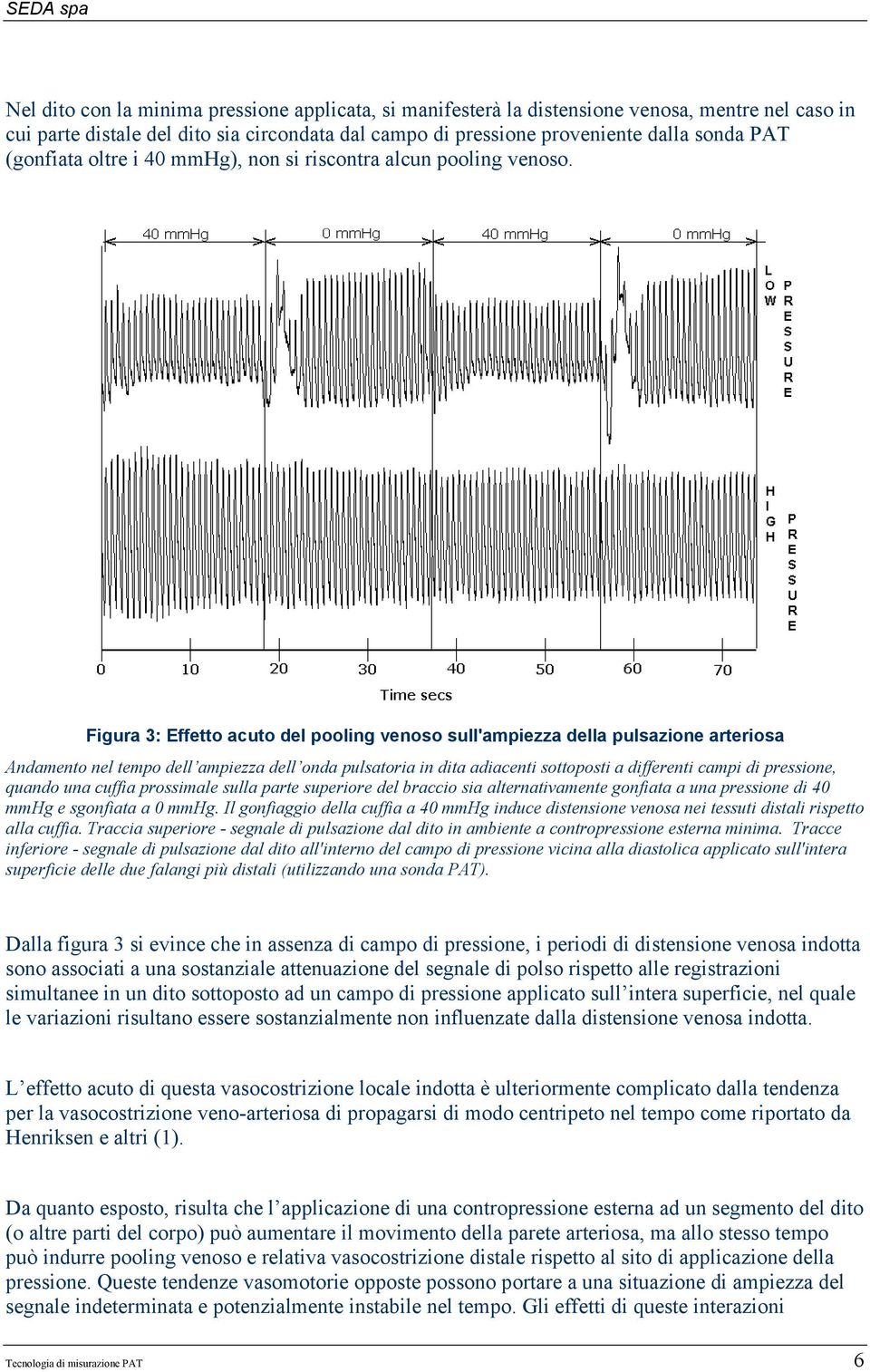 Figura 3: Effetto acuto del pooling venoso sull'ampiezza della pulsazione arteriosa Andamento nel tempo dell ampiezza dell onda pulsatoria in dita adiacenti sottoposti a differenti campi di