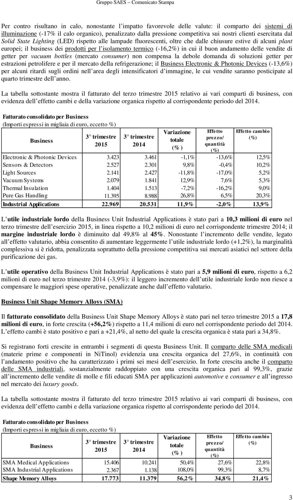 (-16,2%) in cui il buon andamento delle vendite di getter per vacuum bottles (mercato consumer) non compensa la debole domanda di soluzioni getter per estrazioni petrolifere e per il mercato della