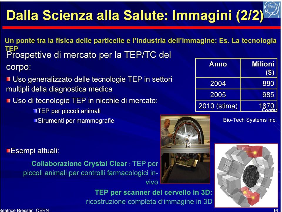 tecnologie TEP in nicchie di mercato: TEP per piccoli animali Strumenti per mammografie Anno 2004 2005 2010 (stima( stima) Milioni ($) 880 985 1870 Fonte: