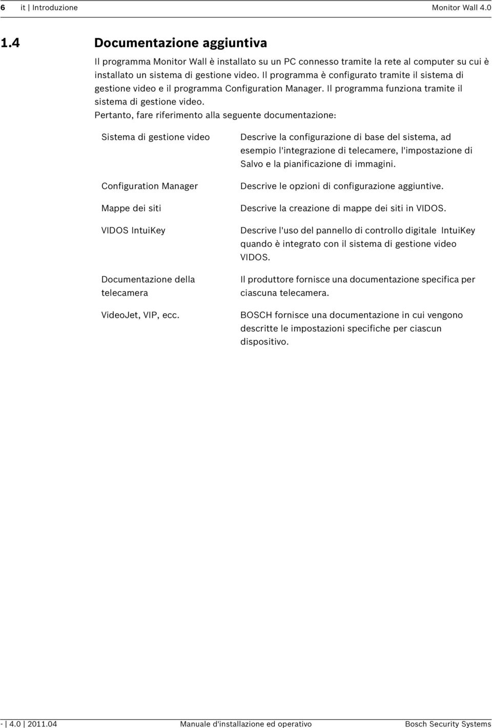 Pertanto, fare riferimento alla seguente documentazione: Sistema di gestione video Configuration Manager Mappe dei siti VIDOS IntuiKey Documentazione della telecamera VideoJet, VIP, ecc.