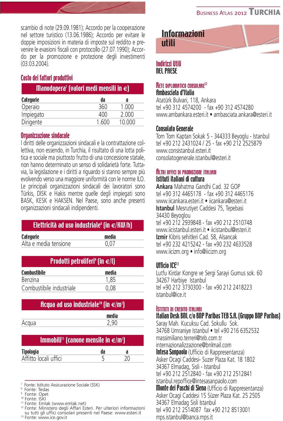 1990); Accordo per la promozione e protezione degli investimenti (03.03.2004). Costo dei fattori produttivi Manodopera 7 (valori medi mensili in ) Categorie da a Operaio 360 1.000 Impiegato 400 2.