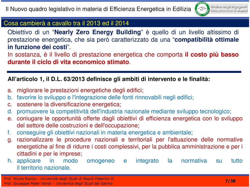 63/2013 definisce gli ambiti di intervento e le finalità: a. migliorare le prestazioni energetiche degli edifici; b. favorire lo sviluppo e l'integrazione delle fonti rinnovabili negli edifici; c.