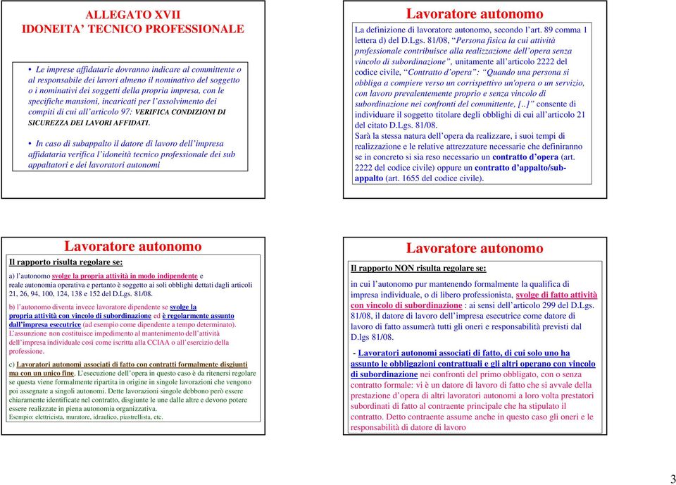 In caso di subappalto il datore di lavoro dell impresa affidataria verifica l idoneità tecnico professionale dei sub appaltatori e dei lavoratori autonomi Lavoratore autonomo La definizione di