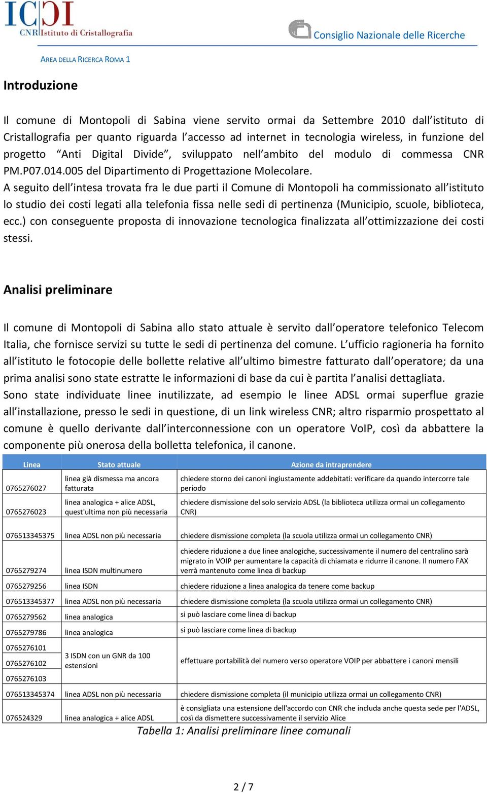 A seguito dell intesa trovata fra le due parti il Comune di Montopoli ha commissionatoo all istituto lo studio dei costi legati alla telefonia fissa nelle sedi di pertinenza (Municipio, scuole,