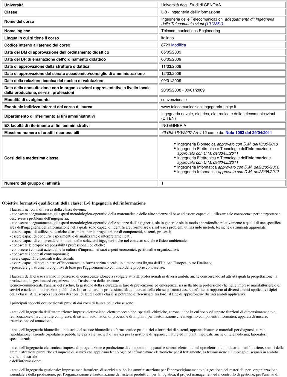 Data del DR di emanazione dell'ordinamento didattico 06/05/2009 Data di approvazione della struttura didattica 11/03/2009 Data di approvazione del senato accademico/consiglio di amistrazione