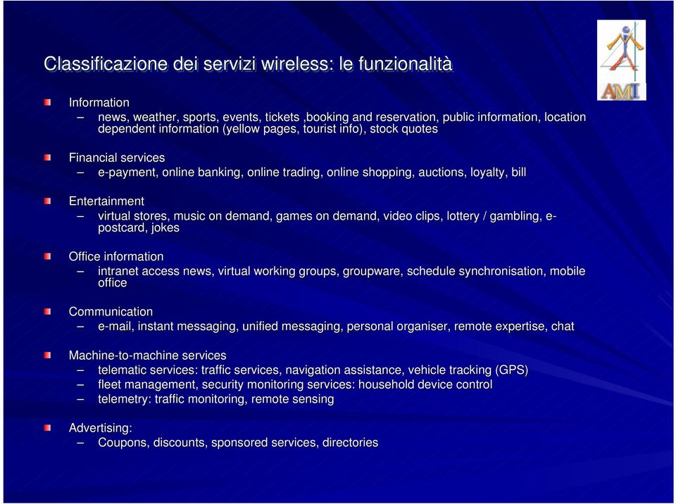 video clips, lottery / gambling, e- postcard, jokes Office information intranet access news, virtual working groups,, groupware, schedule synchronisation,, mobile office Communication e-mail, instant