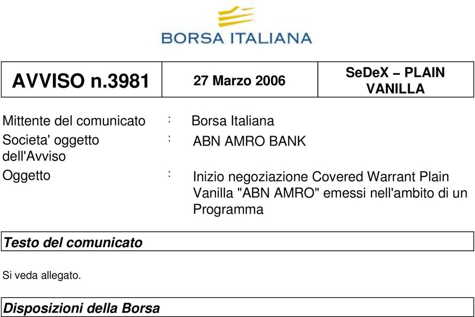 Italiana Societa' oggetto : ABN AMRO BANK dell'avviso Oggetto : Inizio