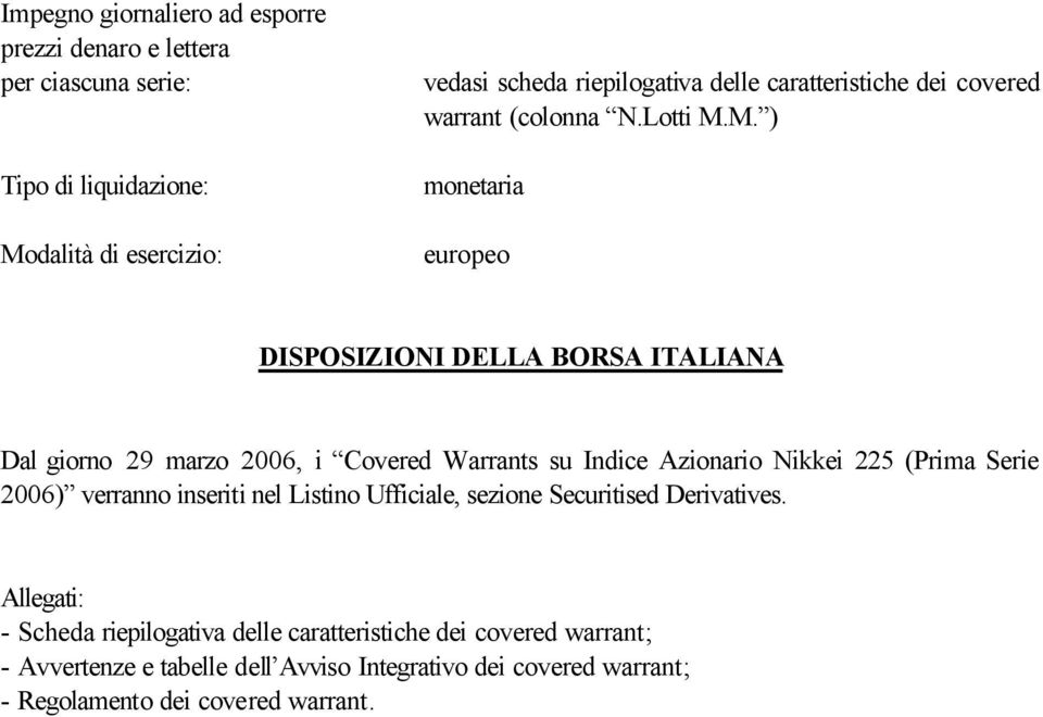 M. ) monetaria europeo DISPOSIZIONI DELLA BORSA ITALIANA Dal giorno 29 marzo 2006, i Covered Warrants su Indice Azionario Nikkei 225 (Prima Serie 2006)
