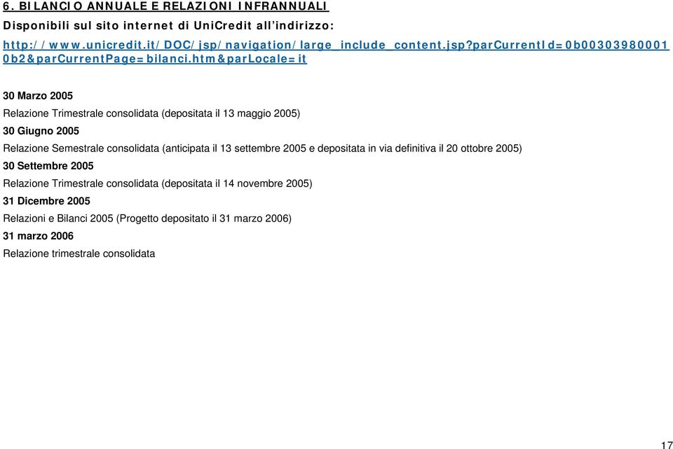 htm&parLocale=it 30 Marzo 2005 Relazione Trimestrale consolidata (depositata il 13 maggio 2005) 30 Giugno 2005 Relazione Semestrale consolidata (anticipata il 13