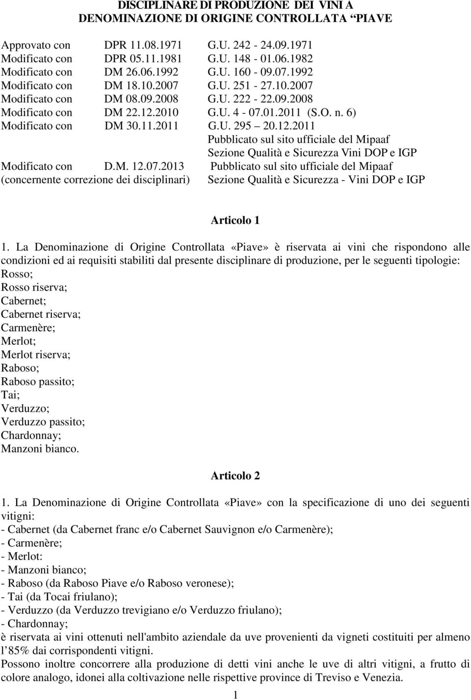 O. n. 6) Modificato con DM 30.11.2011 G.U. 295 20.12.2011 Pubblicato sul sito ufficiale del Mipaaf Sezione Qualità e Sicurezza Vini DOP e IGP Modificato con D.M. 12.07.