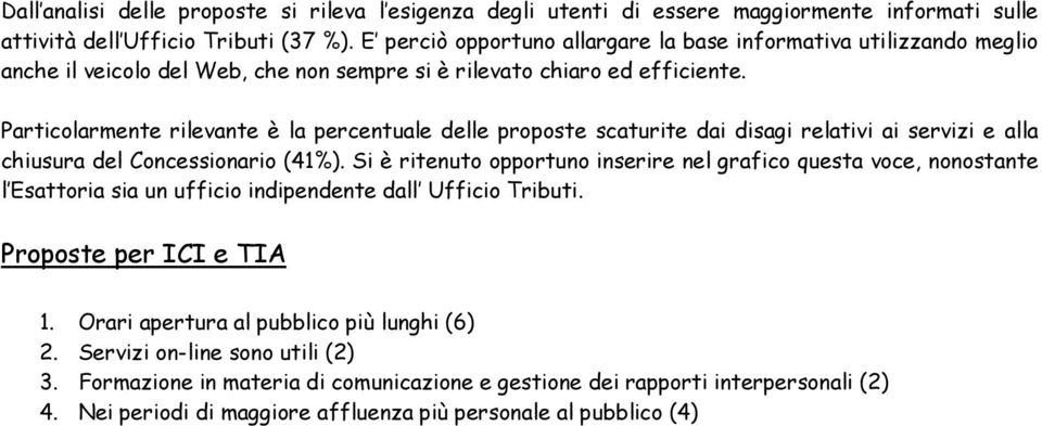 Particolarmente rilevante è la percentuale delle proposte scaturite dai disagi relativi ai servizi e alla chiusura del Concessionario (41%).