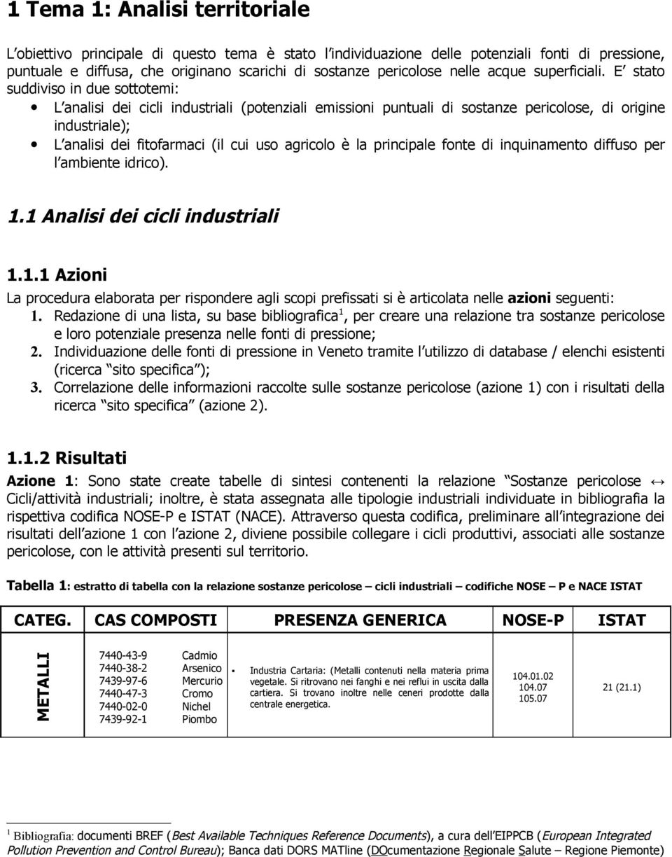 E stato suddiviso in due sottotemi: L analisi dei cicli industriali (potenziali emissioni puntuali di sostanze pericolose, di origine industriale); L analisi dei fitofarmaci (il cui uso agricolo è la