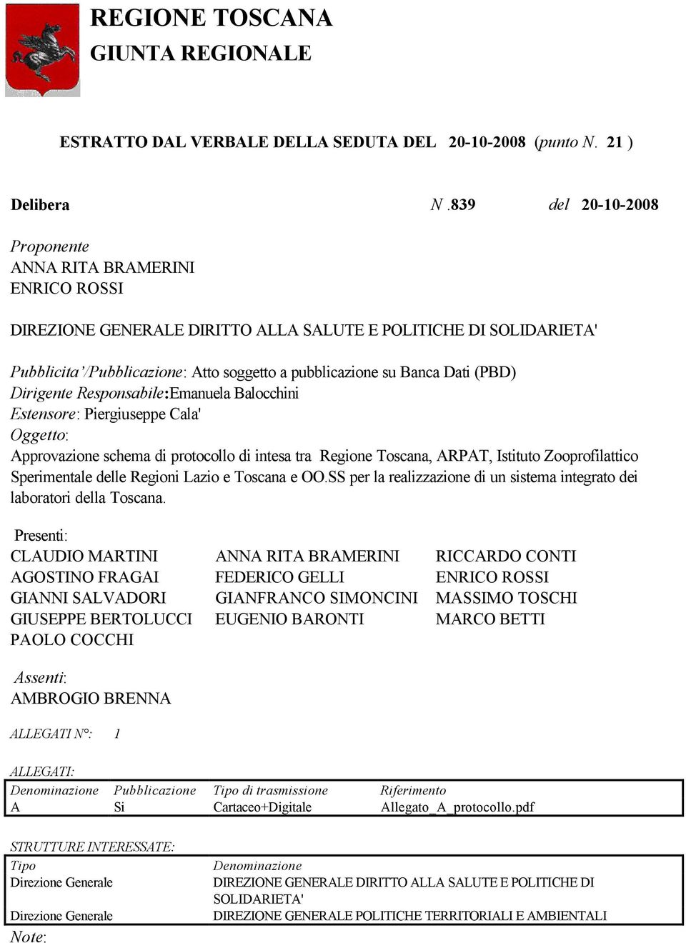 Dati (PBD) Dirigente Responsabile:Emanuela Balocchini Estensore: Piergiuseppe Cala' Oggetto: Approvazione schema di protocollo di intesa tra Regione Toscana, ARPAT, Istituto Zooprofilattico