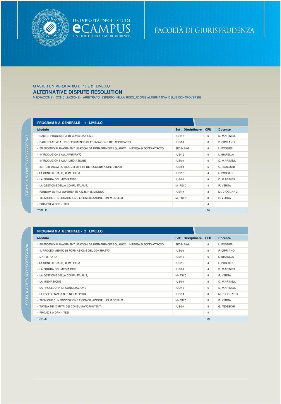 Disciplinare CFU Docente - BASI DI PROCEDURA DI CONCILIAZIONE IUS/15 6 D. MARINELLI - BASI RELATIVE AL PROCEDIMENTO DI FORMAZIONE DEL CONTRATTO IUS/01 6 P.