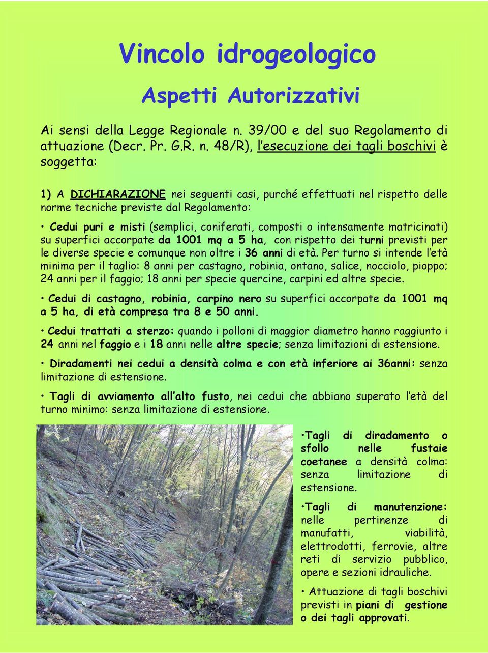 48/R), l esecuzione dei tagli boschivi è soggetta: 1) A DICHIARAZIONE nei seguenti casi, purché effettuati nel rispetto delle norme tecniche previste dal Regolamento: Cedui puri e misti (semplici,