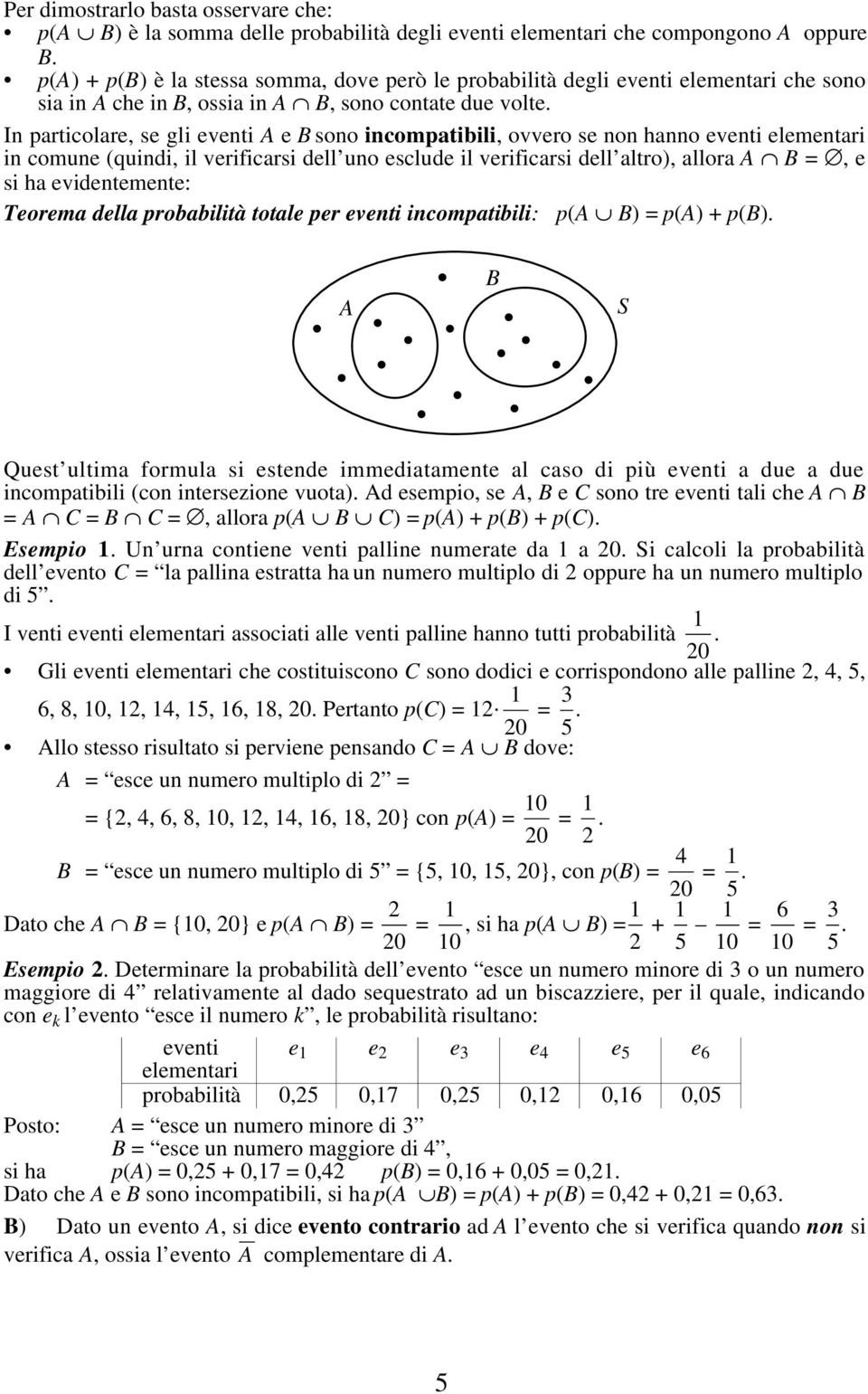 In particolar, s gli vnti A B sono incompatibili, ovvro s non hanno vnti in comun (quindi, il vrificarsi dll uno sclud il vrificarsi dll altro), allora A B =, si ha vidntmnt: Torma dlla probabilità