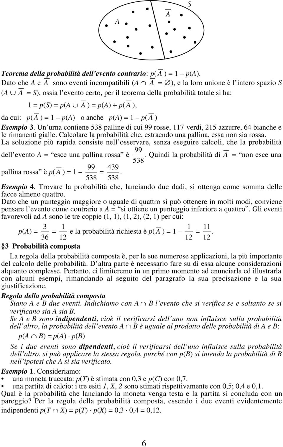 = p(a) o anch p(a) = p( A ) Esmpio. Un urna contin 58 pallin di cui 99 ross, 7 vrdi, 25 azzurr, 64 bianch l rimannti giall. Calcolar la probabilità ch, strando una pallina, ssa non sia rossa.