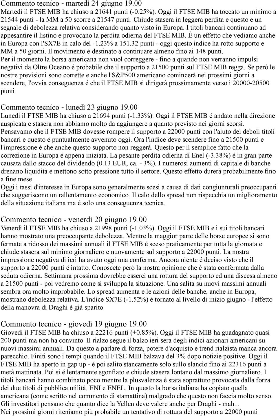 I titoli bancari continuano ad appesantire il listino e provocano la perdita odierna del FTSE MIB. È un effetto che vediamo anche in Europa con l'sx7e in calo del -1.23% a 151.