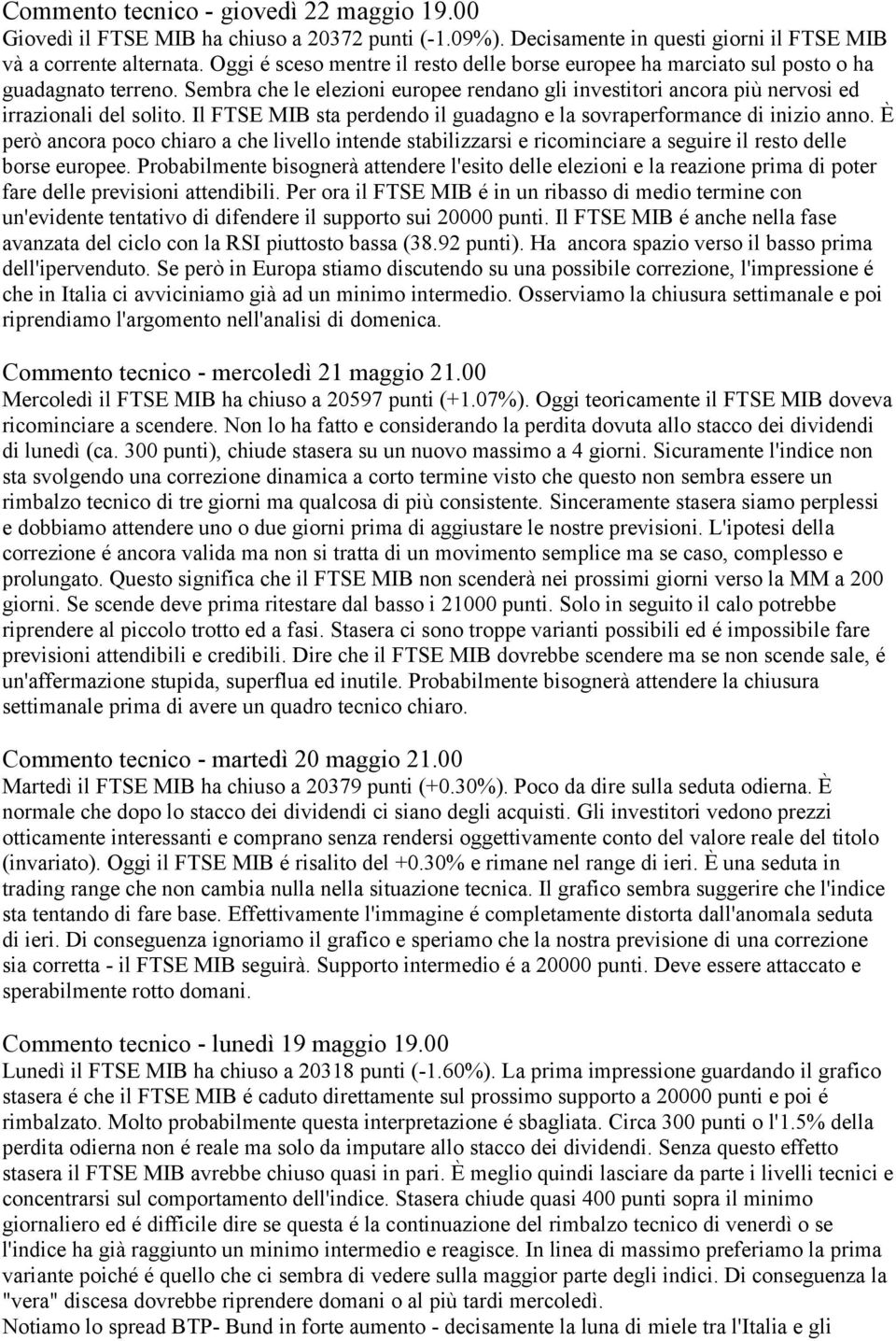 Il FTSE MIB sta perdendo il guadagno e la sovraperformance di inizio anno. È però ancora poco chiaro a che livello intende stabilizzarsi e ricominciare a seguire il resto delle borse europee.