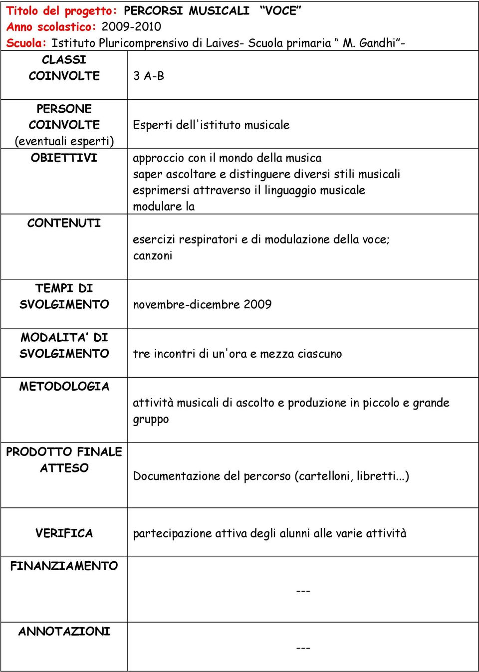 voce; canzoni novembre-dicembre 2009 tre incontri di un'ora e mezza ciascuno attività musicali di ascolto e produzione in piccolo e