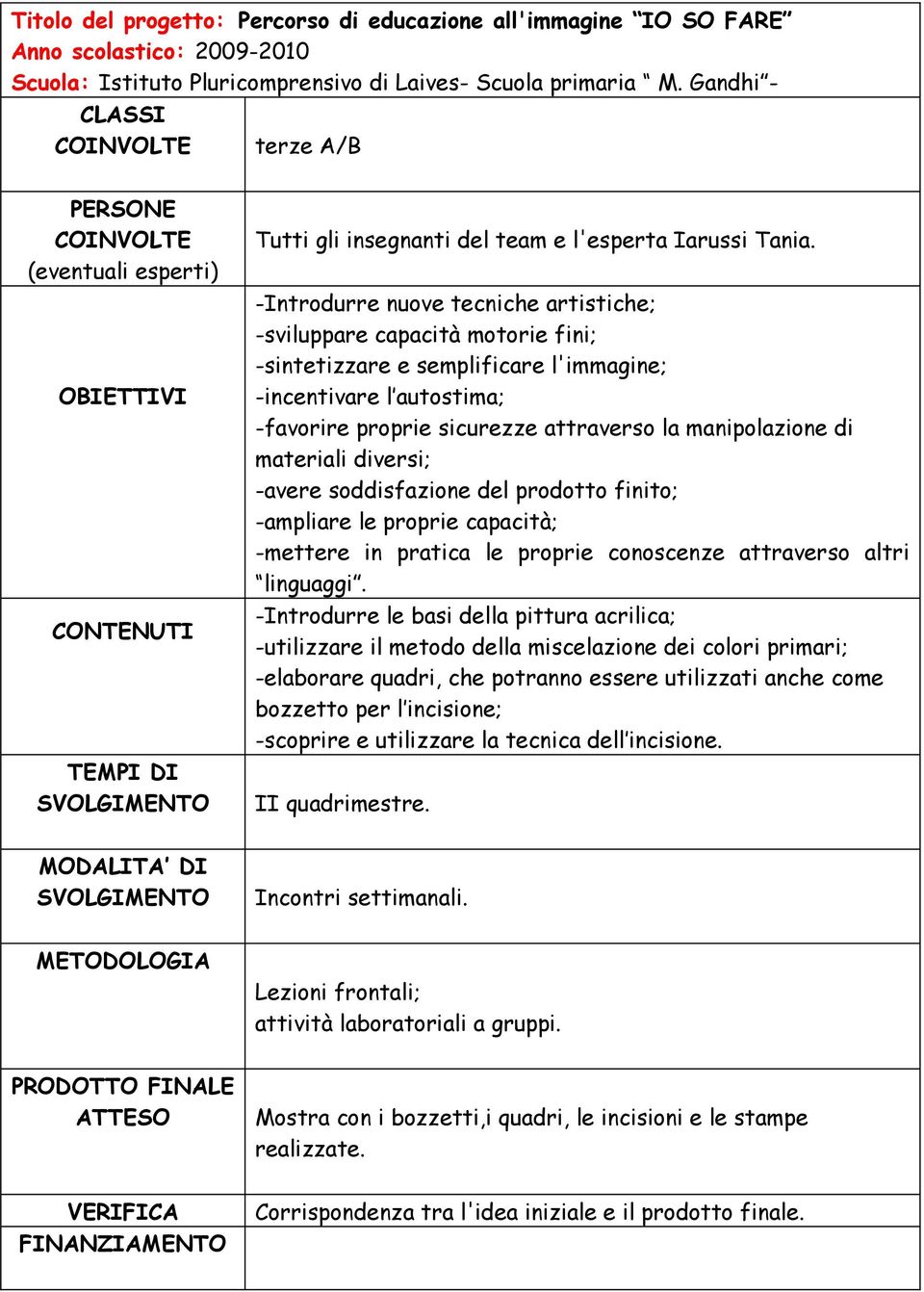 materiali diversi; -avere soddisfazione del prodotto finito; -ampliare le proprie capacità; -mettere in pratica le proprie conoscenze attraverso altri linguaggi.