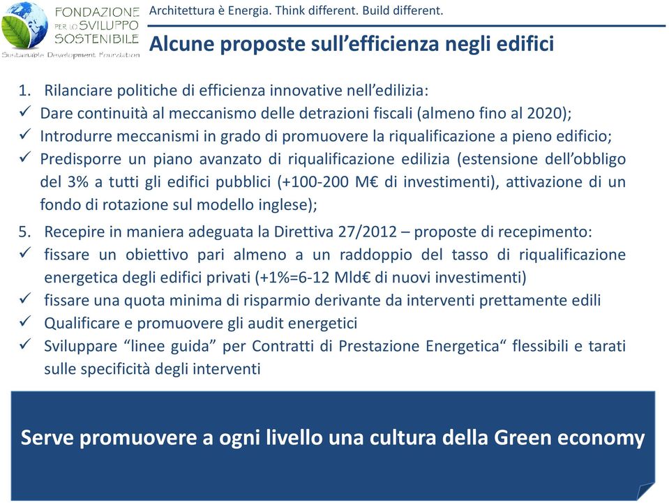 riqualificazione a pieno edificio; Predisporre un piano avanzato di riqualificazione edilizia (estensione dell obbligo del 3% a tutti gli edifici pubblici (+100-200 M di investimenti), attivazione di