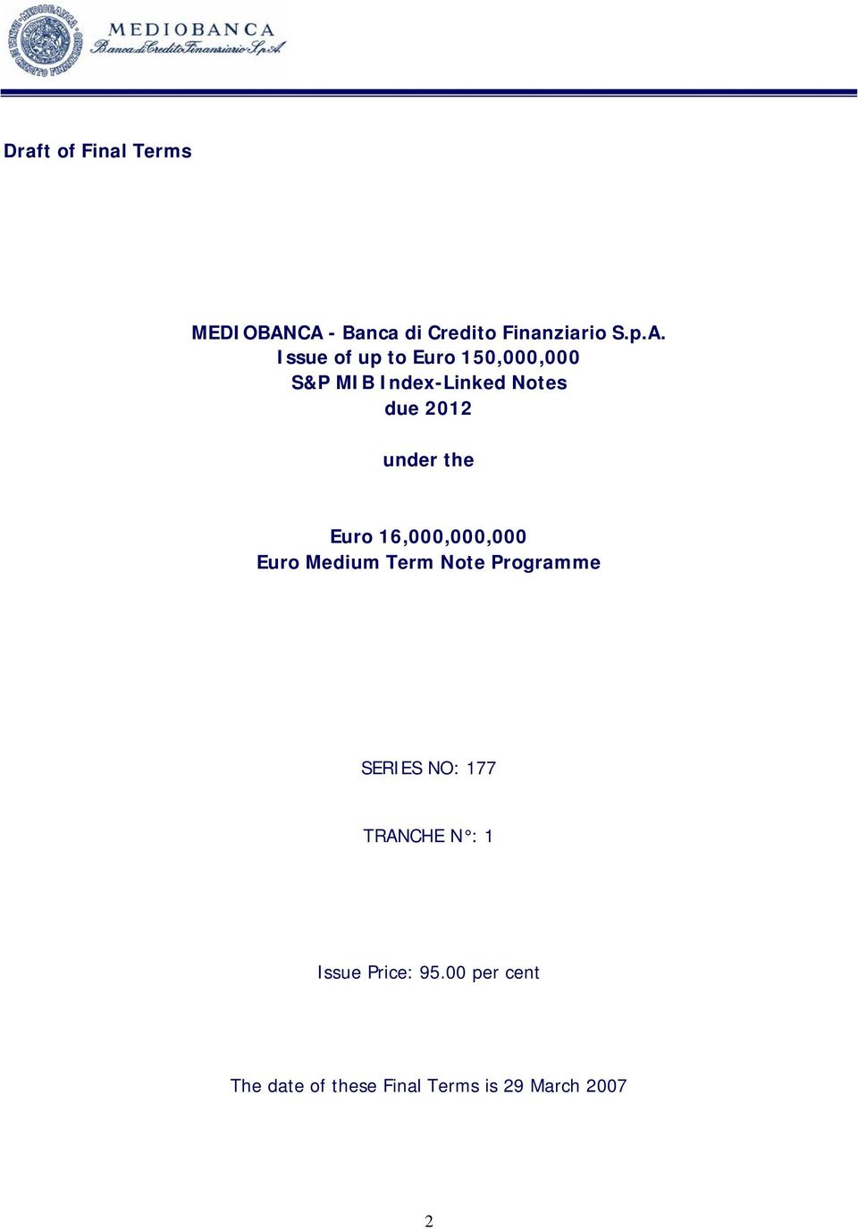 MIB Index-Linked Notes due 2012 under the Euro 16,000,000,000 Euro Medium