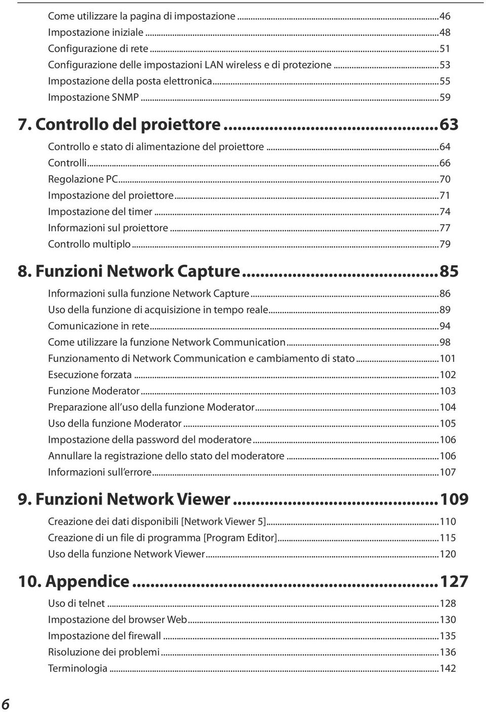 ..70 Impostazione del proiettore...71 Impostazione del timer...74 Informazioni sul proiettore...77 Controllo multiplo...79 8. Funzioni Network Capture...85 Informazioni sulla funzione Network Capture.